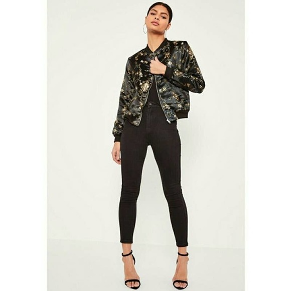 Missguided Satin Floral Embroidered Bomber Jacket - Picture 1 of 13